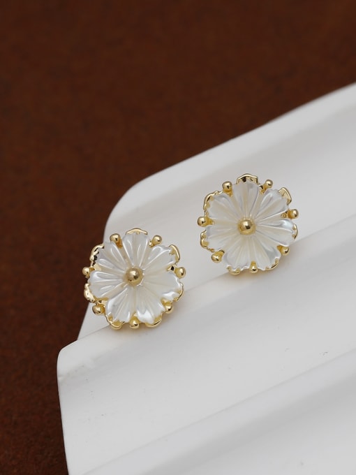 14k gold [925 silver needle] Brass Shell Flower Dainty Stud Earring